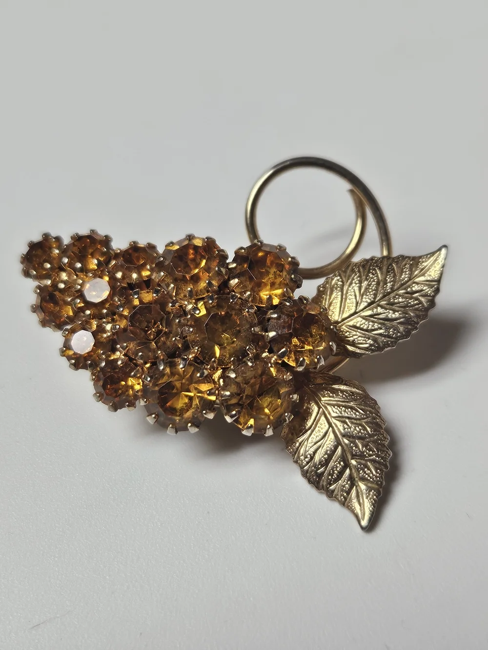 1950s Golden Amber Crystal Leaf Brooch Pin